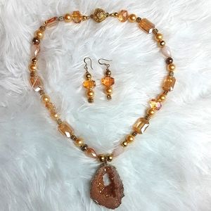 Handmade Druzy Crystal Pendant Necklace and Earrings